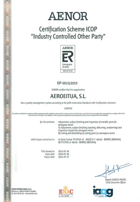 AENOR, certifica que Aeroeitua dispone de un sistema de gestión de la calidad conforme con la Norma EN 9100:2009